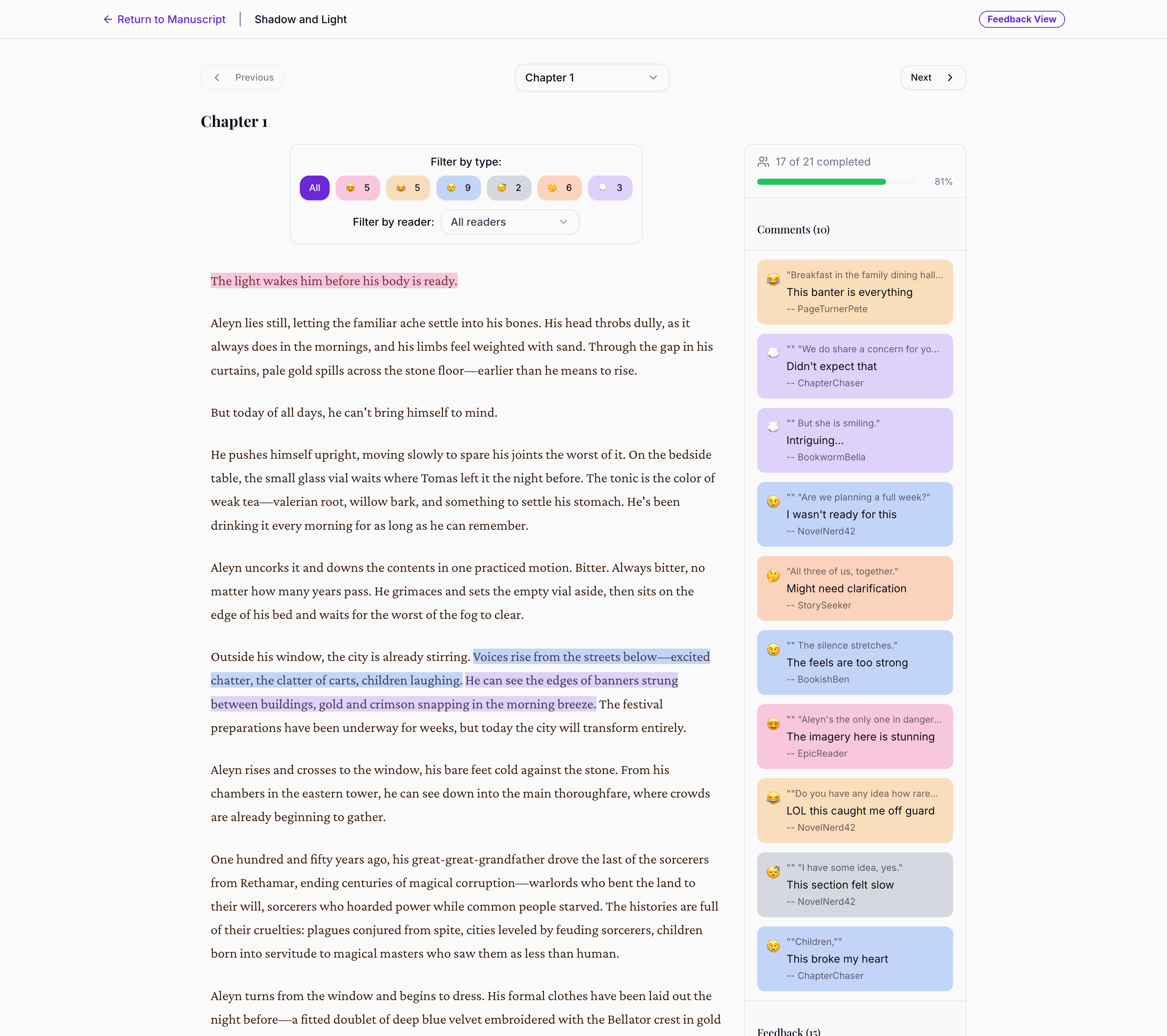 ReaderBeat feedback view showing inline reader reactions on manuscript