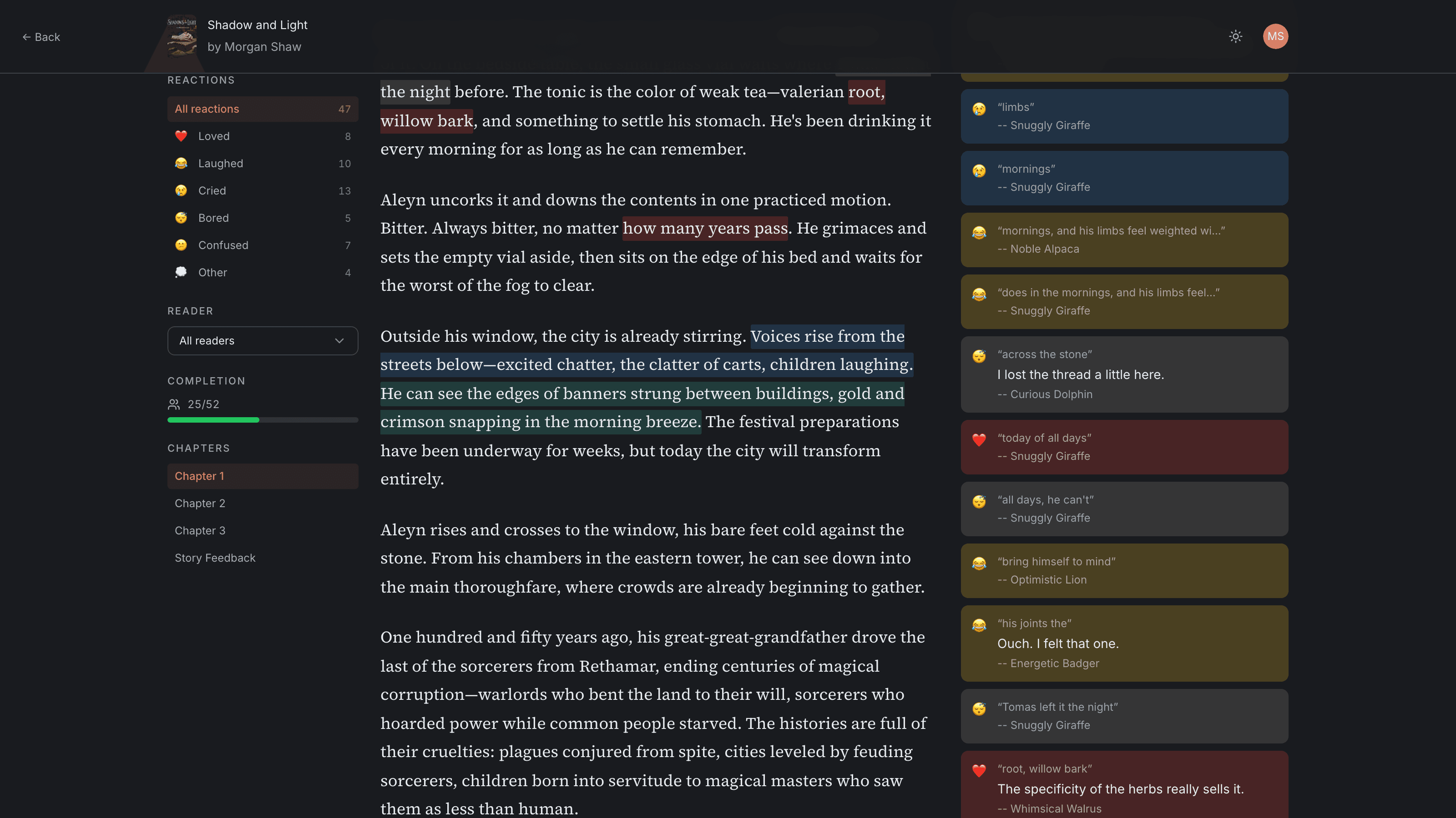 ReaderBeat feedback view showing inline reader reactions on manuscript
