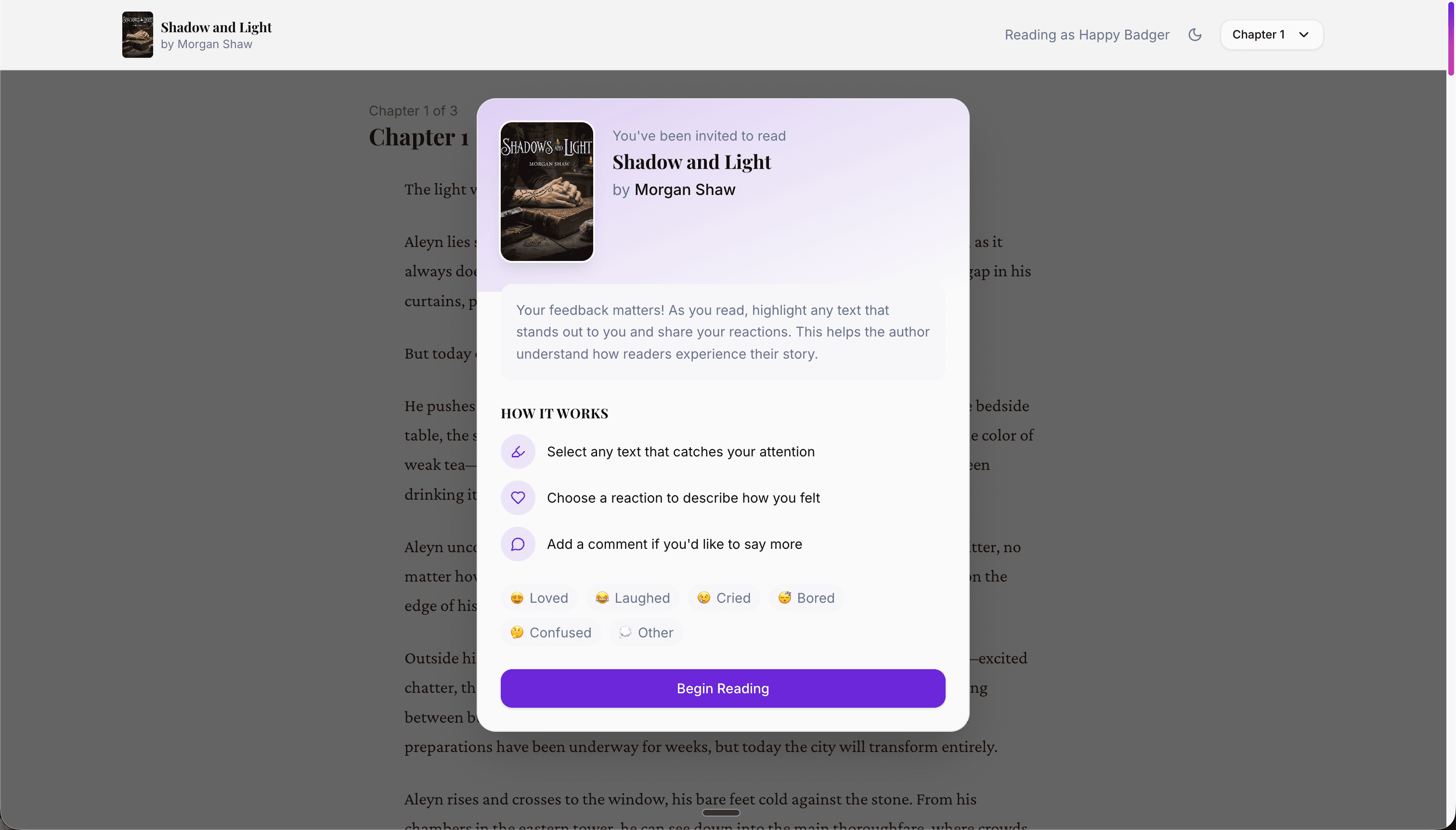 Reader onboarding modal explaining how to give feedback